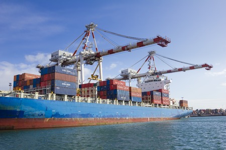 Melbourne, Australia - July 25, 2015: Containers to be unloaded in a container ship berthed at Swanson Dock in the Port of Melbourne that handles more than one third of Australia's container trade.のeditorial素材