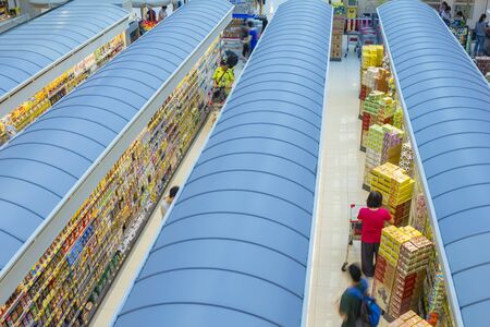 Hong Kong, China - June 17, 2015: Top-down view of an interior of a supermarket with customers in Hong Kong.のeditorial素材