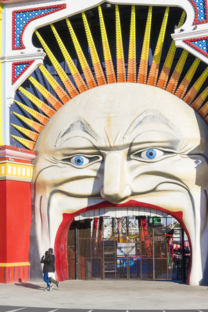 Melbourne, Australia - September 10, 2015: View of the entrance of Luna Park, that is a historic, landmark amusement park, in St Kilda, Melbourne.のeditorial素材