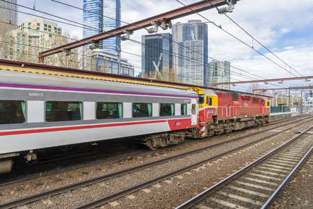 Melbourne, Australia - September 12, 2015: View of a regional train in one of the platforms of Flinders Street Railway Station in Melbourne.のeditorial素材