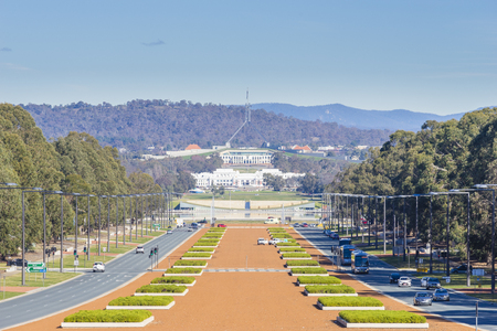 Canberra, Australia - June 29, 2016: View of busy roads in front of the War Memorial with Old Parliament House and New Parliament House in a distance.のeditorial素材