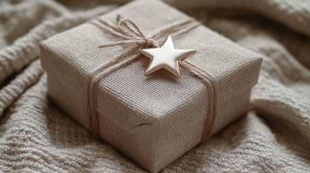 Close-up of a gift box wrapped in festive foil with a star-shaped tag, lying on textured neutral fabricの素材
