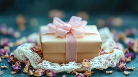 A gift box placed on a bed of dried petals and lace fabric, with soft vintage-inspired lightingの素材