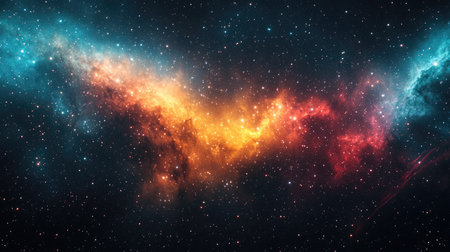 A dreamy universe scene showing stars twinkling in an endless black void, with faint light trails and interstellar cloudsの素材