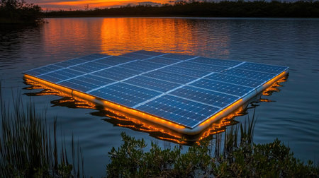 Aerial view of floating solar panel system over still water, illuminated by soft natural sunlightの素材