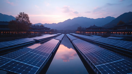 Grid of floating solar panels stretching across a reservoir, reflecting soft light and sky huesの素材