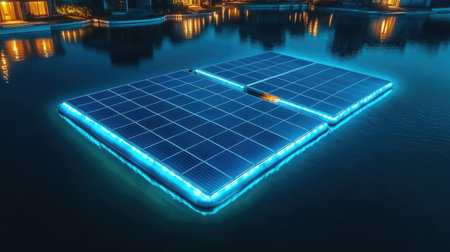 Aerial view of floating solar panel system over still water, illuminated by soft natural sunlightの素材