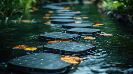 Floating solar modules evenly spaced over water, illuminated by natural light with subtle tonesの素材