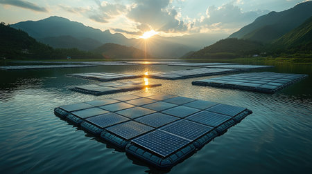 Floating solar farm reflecting sunlight on water surface, viewed from an elevated perspectiveの素材