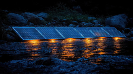 Floating solar modules evenly spaced over water, illuminated by natural light with subtle tonesの素材