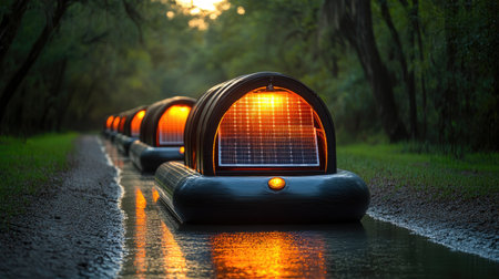 Aerial view of floating solar panel system over still water, illuminated by soft natural sunlightの素材