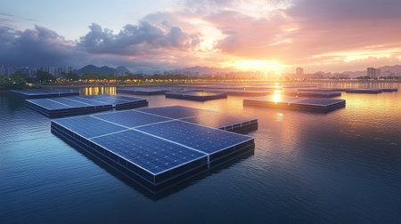 Clean energy scene of floating solar panels, soft clouds and natural daylight creating a serene moodの素材