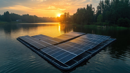 Natural light glinting off solar panels on a floating platform in a tranquil water settingの素材