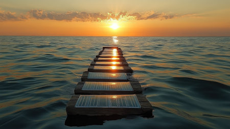 Clean energy scene of floating solar panels, soft clouds and natural daylight creating a serene moodの素材