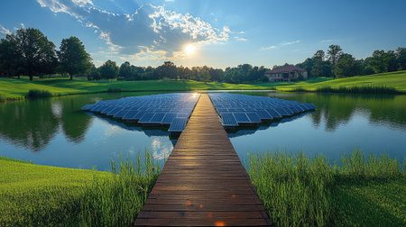 Floating solar panels spread across calm water, reflecting soft natural sunlight in a serene settingの素材