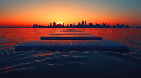 Minimalist composition of solar panels floating on water with natural sky color in backgroundの素材