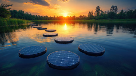 Technical view of floating solar cells with visible structural details, captured under neutral sunlightの素材
