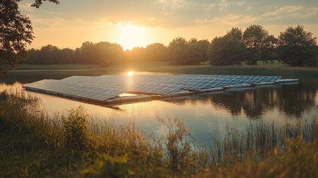 Wide landscape of floating solar array stretching across a lake under diffused natural lightの素材
