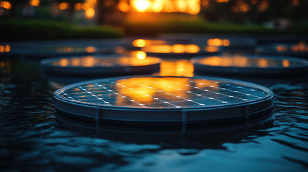 Close-up of floating solar cell structure, surrounded by water and lit by neutral natural lightの素材