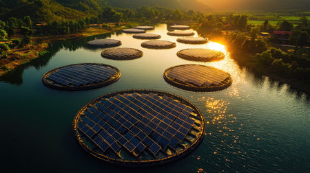 Floating solar platform with grid pattern, water gently rippling beneath in natural daylightの素材