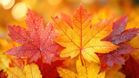 Close-up of fallen maple leaves with morning dew and golden sunlight creating a dreamy atmosphereの素材