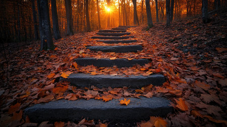 Fallen leaves covering stone steps in the forest, bathed in soft golden sunlight and autumn shadowsの素材