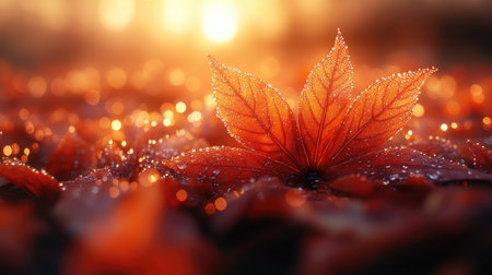 Close-up of fallen maple leaves with morning dew and golden sunlight creating a dreamy atmosphereの素材