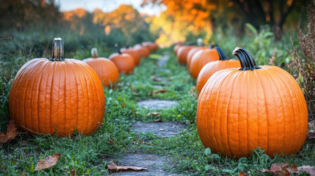 Quiet autumn pathway lined with pumpkins and lit by dreamy sunset huesの素材