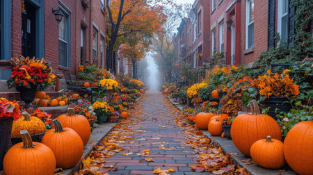 Light fog creeping through a quiet suburban street with subtle fall decorの素材