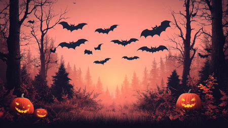 Muted Halloween backdrop with shadows of flying bats in pastel twilightの素材