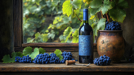 A rustic wooden table with a single wine bottle and a corkscrew beside it, bathed in soft natural light, surrounded by grapes and leavesの素材