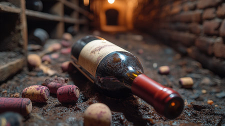 Vintage wine bottle lying on its side in an old wine cellar with brick walls and dim lightingの素材