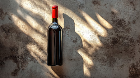 A minimalistic setup with a wine bottle casting a long shadow on a concrete surface with soft lightingの素材