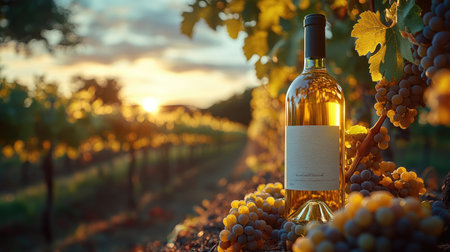 Wine bottle and grapevine tendrils intertwined, photographed with shallow depth of field outdoorsの素材