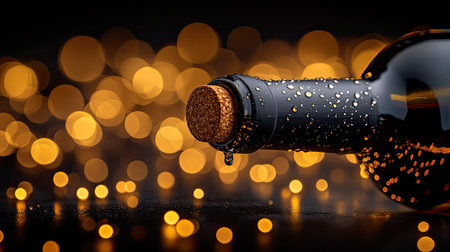 Close-up of a wine bottle neck and cork, with condensation droplets and soft backlightingの素材