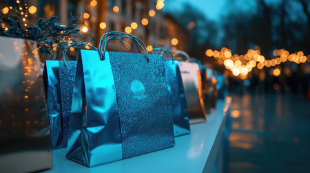 Stylish party scene with metallic gift bags, glowing fairy lights, and bold 2026 centerpiece on a white tableの素材