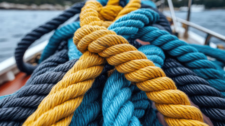 A collection of interwoven ropes tied in a strong knot, symbolizing unity and strength through teamworkの素材