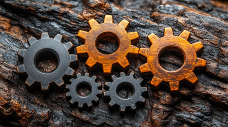 Interlocking gears of different sizes on a textured background, working in harmony to represent team synergyの素材
