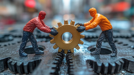 Abstract figures pushing gears into alignment, conceptually representing synchronized effort and collaborationの素材