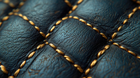Black leather texture with gold stitching pattern forming diagonal lines and luxury branding feelの素材