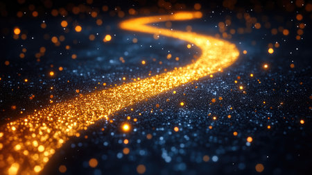 Gold glitter trail gently curving across a dark matte background, resembling falling stardust or luxury confettiの素材