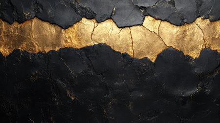 Black background with cracked gold texture resembling aged metallic paint on volcanic stoneの素材