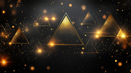 Geometric black background with metallic gold triangles and soft spotlight accents on each edgeの素材