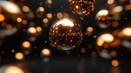 Smooth black background with 3D gold spheres and floating ribbons casting soft metallic reflectionsの素材