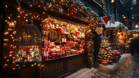 Birdcage lit by fairy lights beside a festive corner filled with gift boxes and buntingの素材