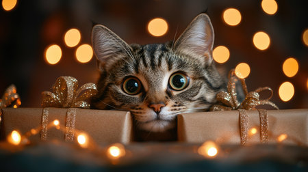 Cat peeking from behind wrapped gifts under a string of glowing fairy lights at a partyの素材