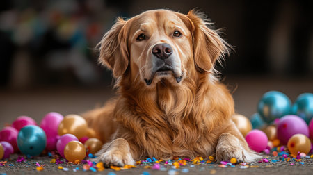 Golden retriever resting beside scattered balloons and confetti under soft ambient lightingの素材