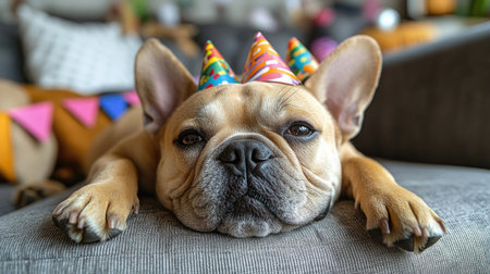 French bulldog lying on a couch surrounded by party hats and colorful garlandsの素材