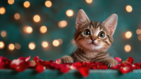 Kitten among party decor and scattered rose petals on a softly lit tableの素材