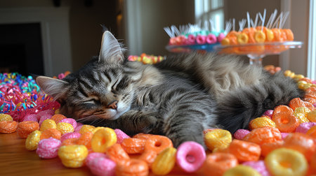 Sleepy cat curled up beneath a party table filled with neon treats and streamersの素材